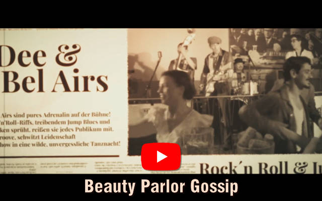 Man sieht Tänzer vor einer Bühne mit Band in einem Zeitungsausschnitt eingebettet. Darunter steht der Songtitel "Beauty Parlor Gossip" mit dem YouTube Logo darüber.