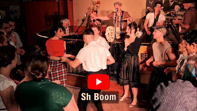 Man sieht Tänzer vor einer Bühne mit Band. Darunter steht der Songtitel "Sh Boom" mit dem Youtube Logo darüber.
