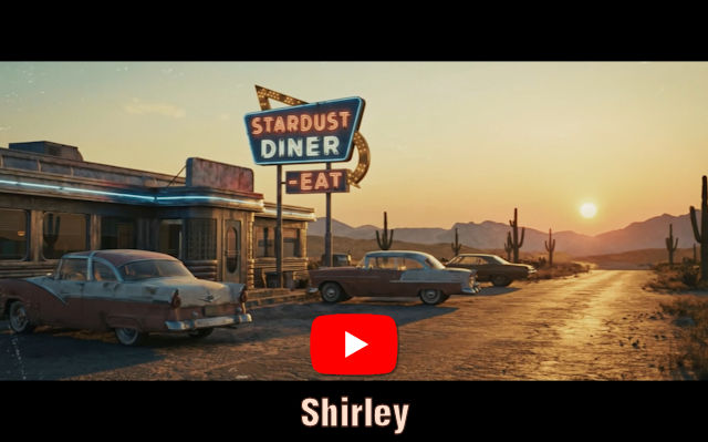Man sieht ein amerikanisches Diner mit ein paar klassischen amerikanischen Autos der 50er Jahre in einer einsamen, wüstenartigen Umgebung. Darunter steht der Songtitel "Shirley" mit dem YouTube Logo darüber.